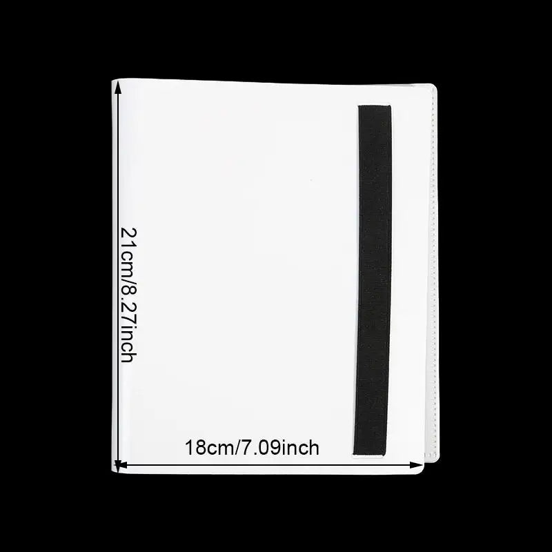 A white card binder album with a black closure strap shown against a black background.