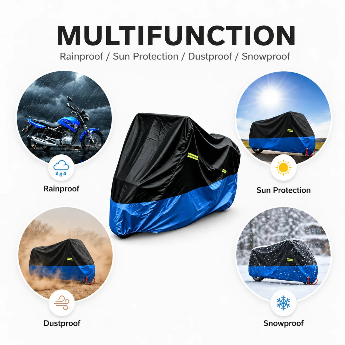 Black and blue multifunction motorcycle cover designed for waterproof, sun, dust, and snow protection.