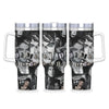 Three stainless steel tumblers featuring different faces and text designs.