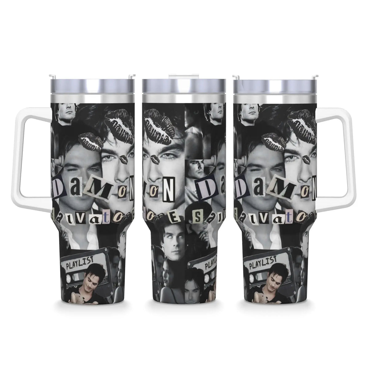 Three stainless steel tumblers featuring different faces and text designs.