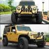 A yellow Jeep Wrangler with a black front bumper and LED light bar mounted on the grille, parked on an asphalt road.