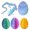 A set of four iridescent eggs, including a translucent blue egg and three textured eggs in green, purple, and yellow.