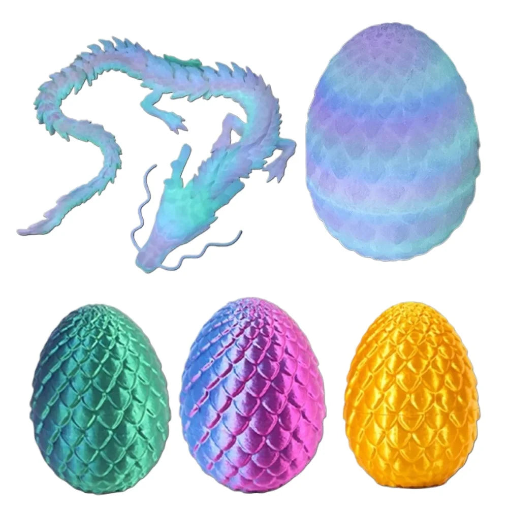 A set of four iridescent eggs, including a translucent blue egg and three textured eggs in green, purple, and yellow.