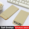 A set of kraft paper cash envelopes is shown next to a keyboard, demonstrating self-adhesive money storage and gift giving.