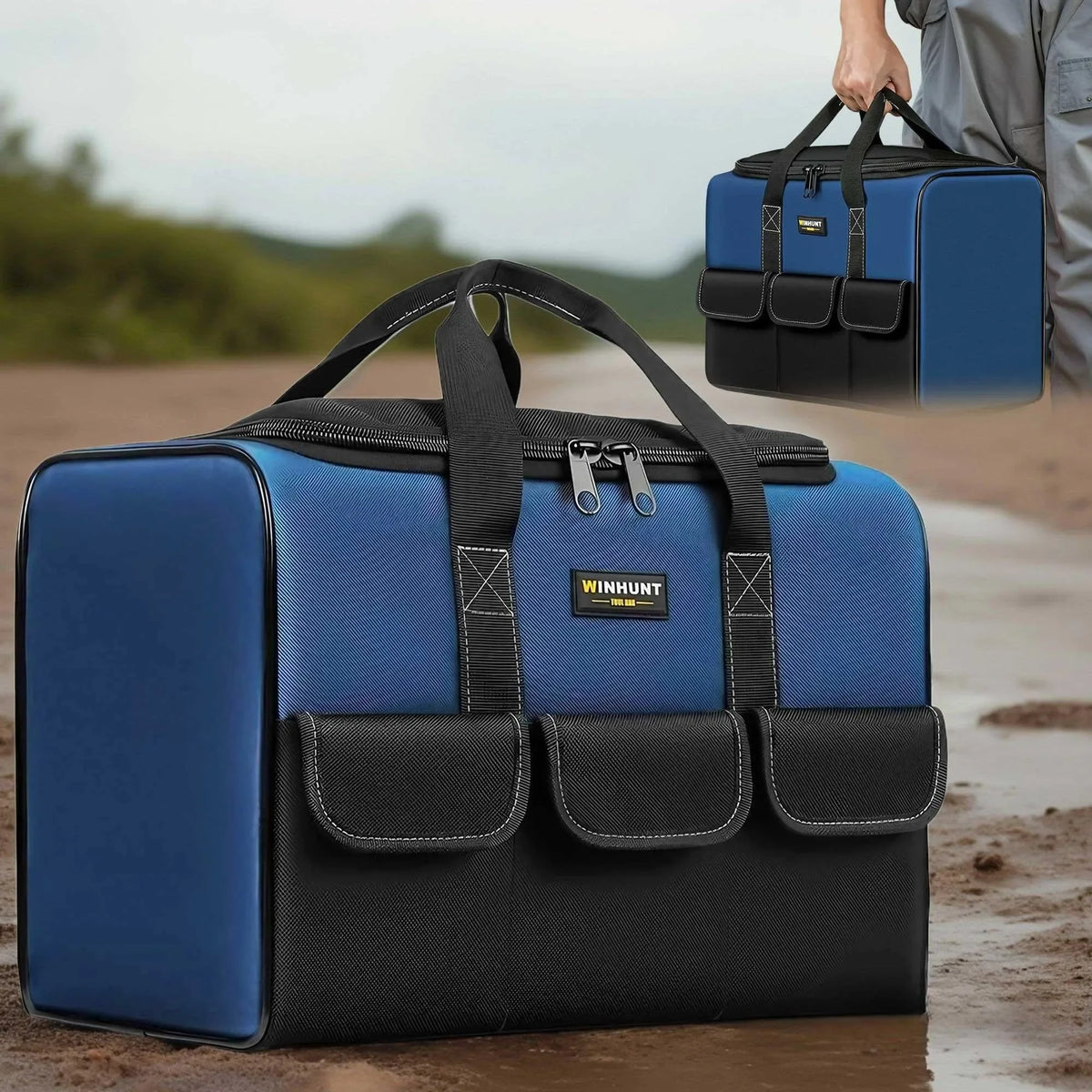 A blue and black heavy duty tool bag with reinforced base and multiple pockets is shown in an outdoor setting.
