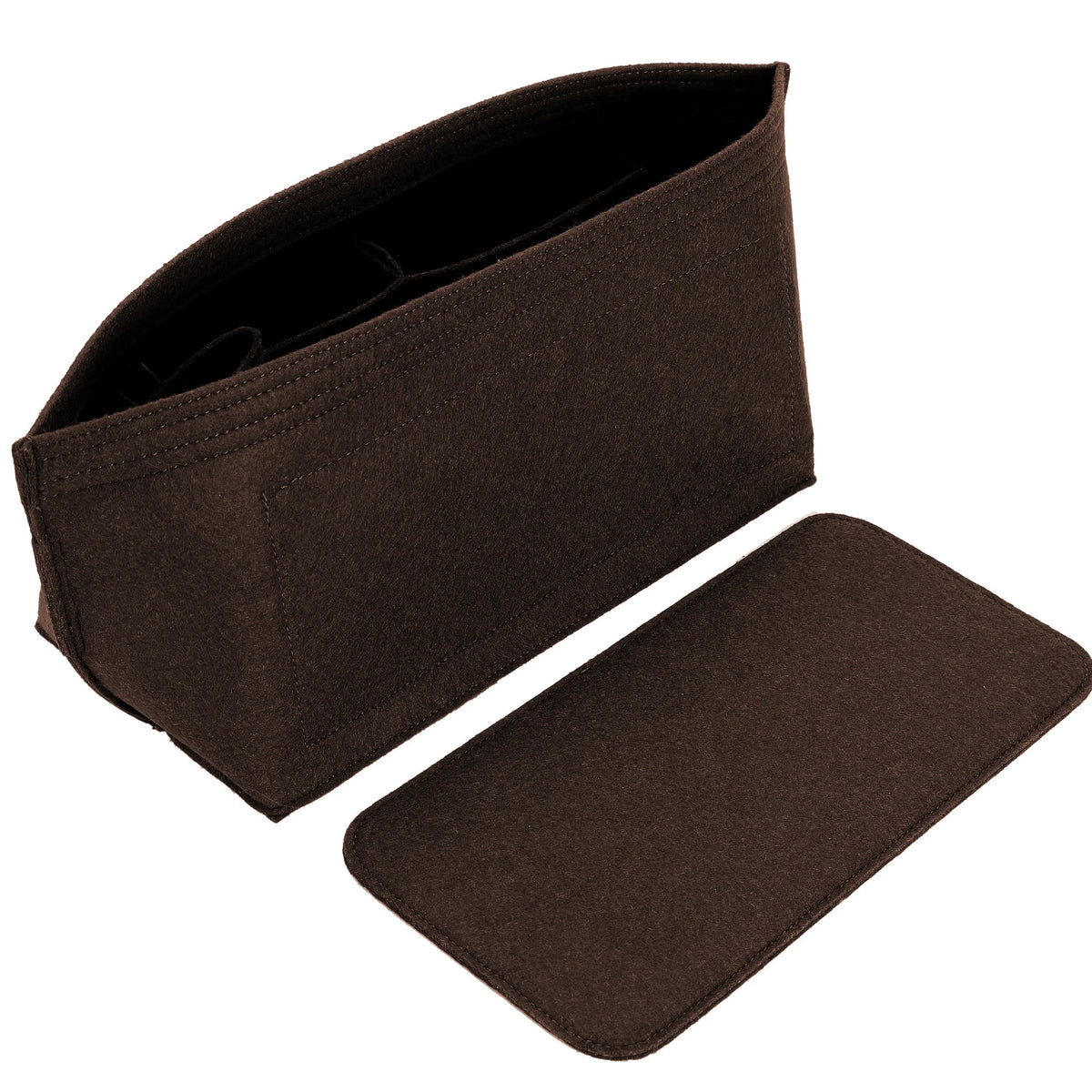 Organizador de bolso de fieltro marrón oscuro con diseño plegado.
