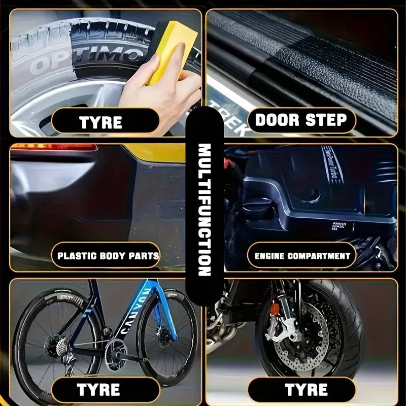 A collage showing various applications of a car plastic restorer, including tyre and door step restoration, plastic body part