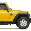 A yellow Jeep Wrangler with a matte black flag emblem set on the front fender.