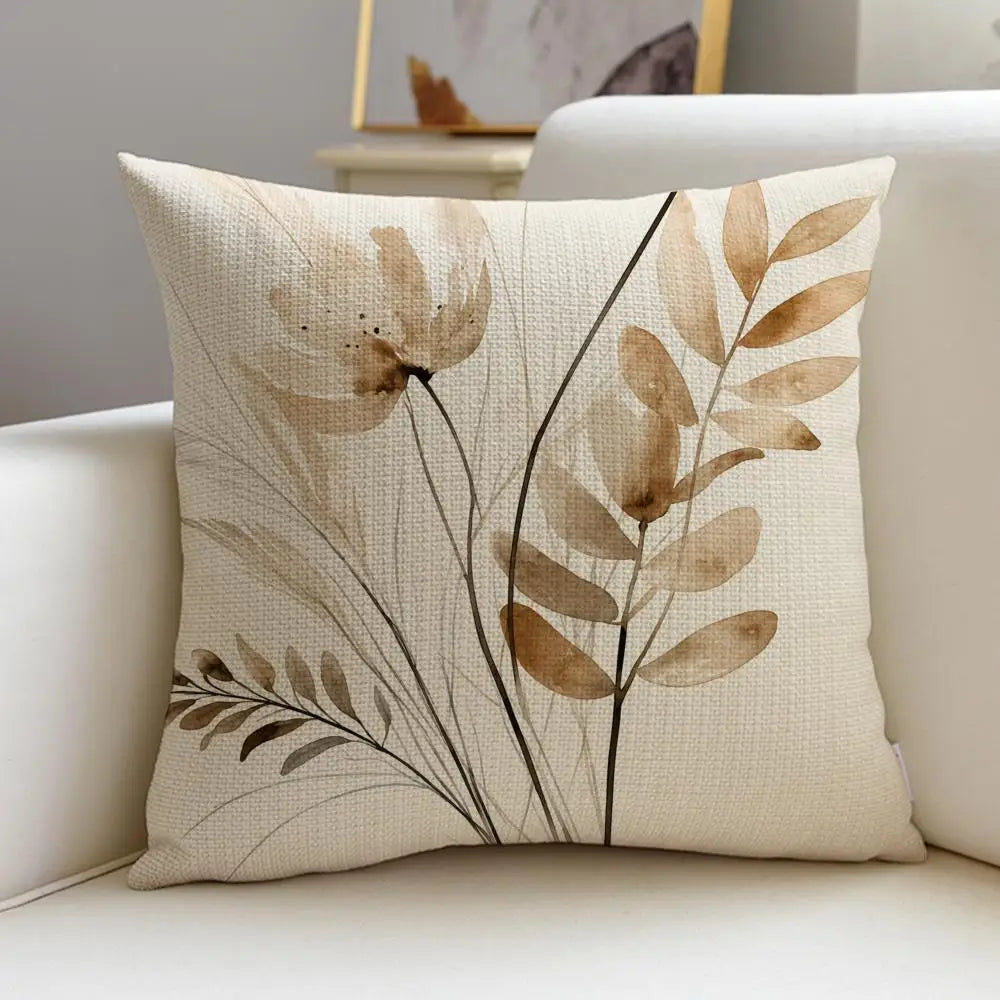 Beige Minimal Blooms Linen Throw Pillow Covers