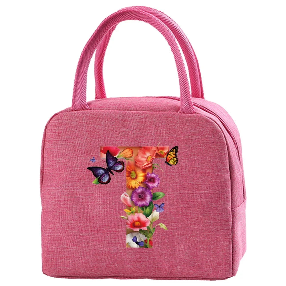 Insulated Canvas Lunch Bag with Butterfly Letter Pattern