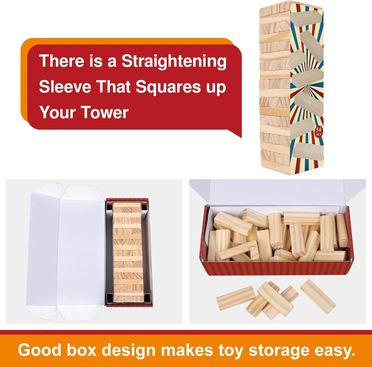 Classic Wooden Tumble Tower Game – 54-Piece Family Stacking Blocks