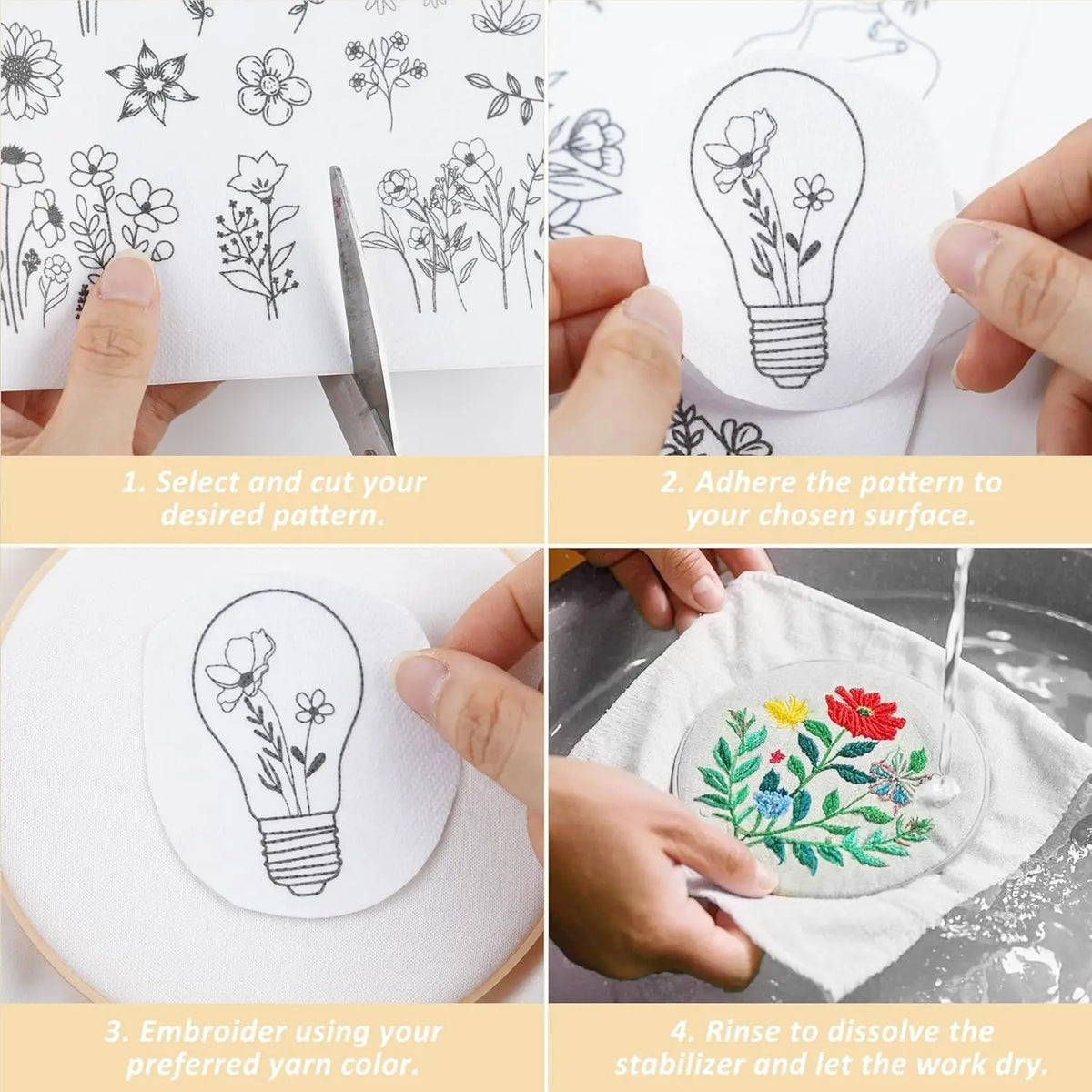 Pre-Printed Water-Soluble Embroidery Stabilizer Sheets with Floral & Letter Patterns