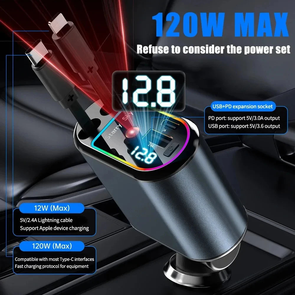 4-in-1 Car Charger with Retractable Cable and Light