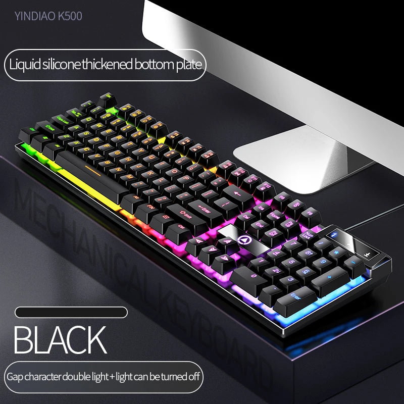 Black mechanical keyboard with liquid silicone thickened bottom plate and customizable RGB lighting