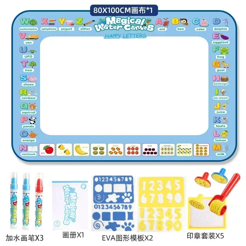 A large reusable water drawing mat with magic pens and various letters for kids