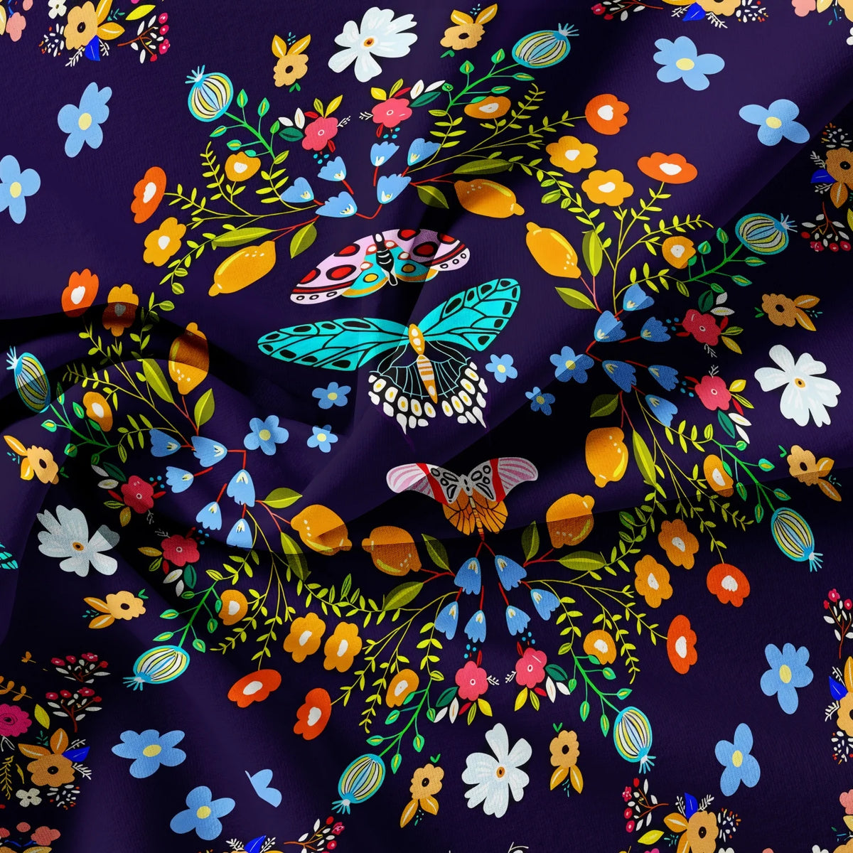 Purple fabric featuring a vibrant floral and butterfly print with yellow, orange, blue, and green accents.