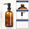 Amber glass bottle soap dispenser with a black stainless steel pump and six printed labels