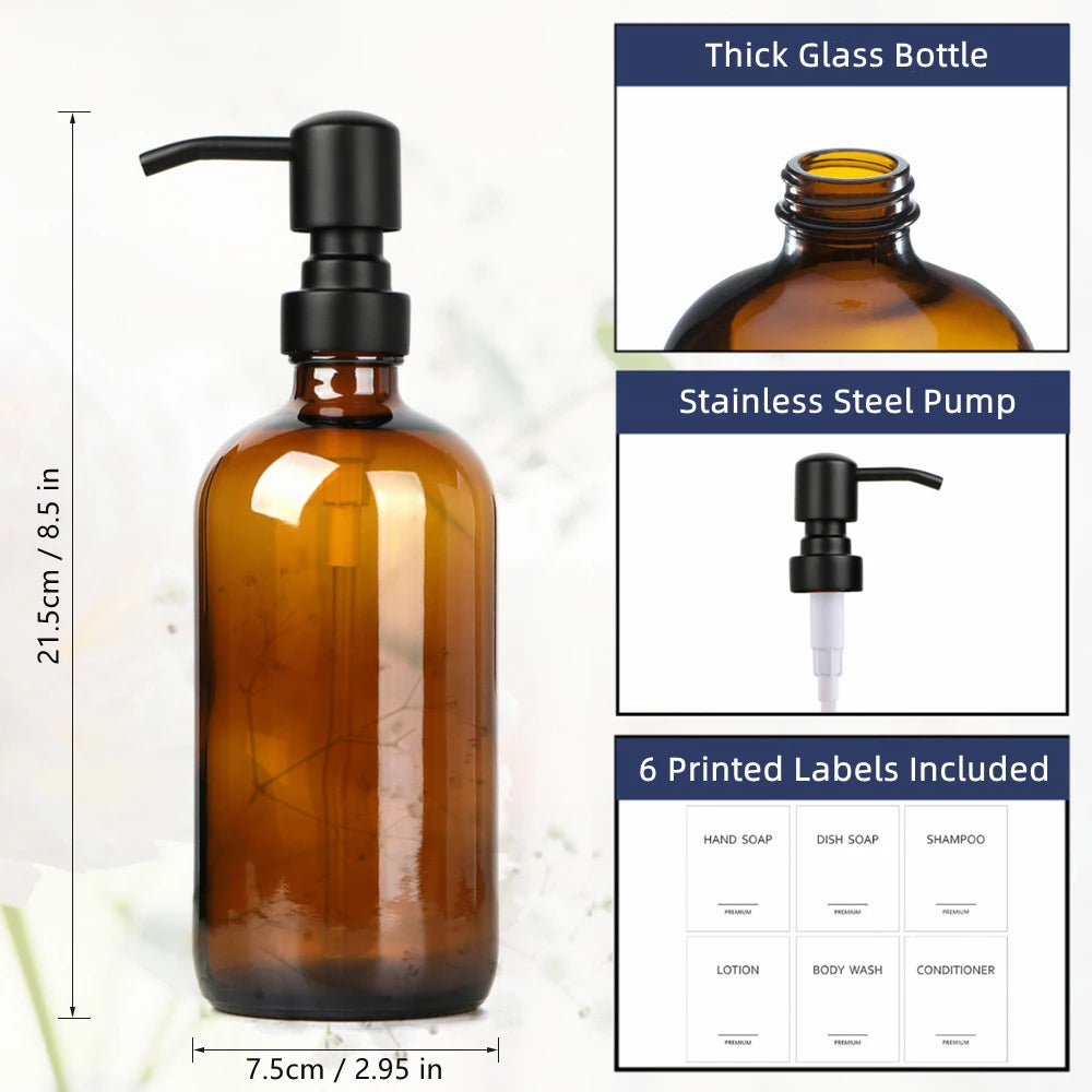 Amber glass bottle soap dispenser with a black stainless steel pump and six printed labels
