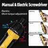 A yellow and black cordless electric screwdriver showing torque adjustment settings for tightening, loosening, and manual use