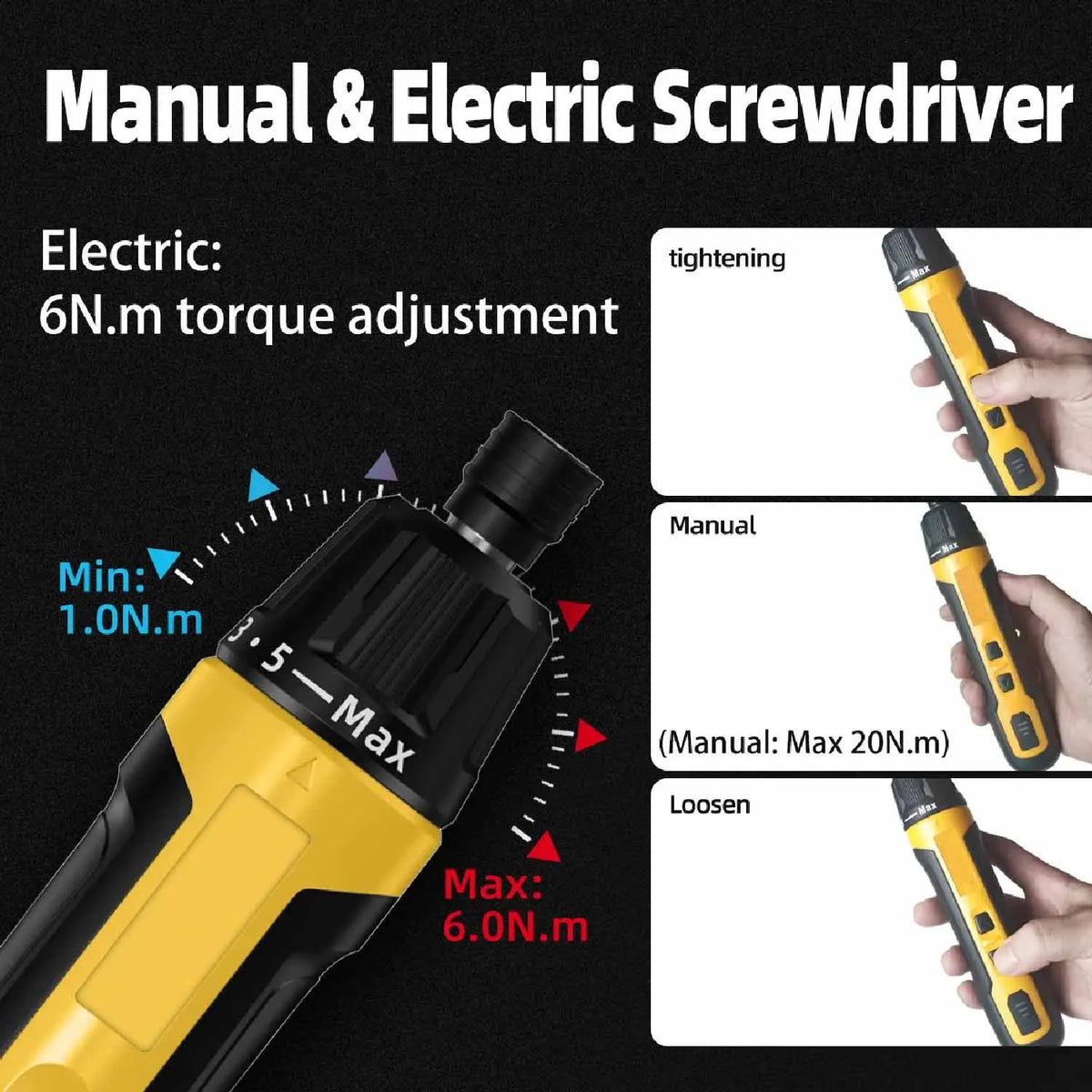 A yellow and black cordless electric screwdriver showing torque adjustment settings for tightening, loosening, and manual use