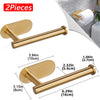 Two brass-colored adhesive stainless steel toilet paper holders shown in various angles and dimensions.