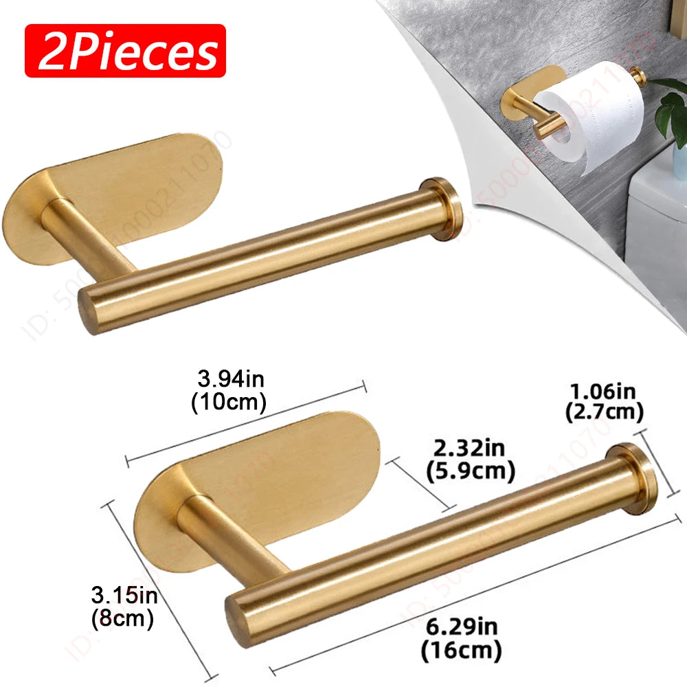 Two brass-colored adhesive stainless steel toilet paper holders shown in various angles and dimensions.
