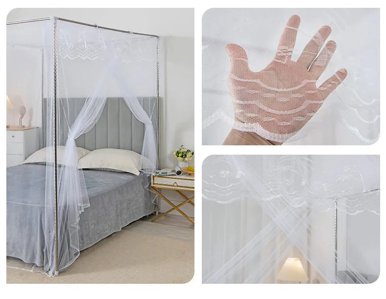 A princess-style lace canopy mosquito net draped over a bed and a hand showing the delicate lace pattern.
