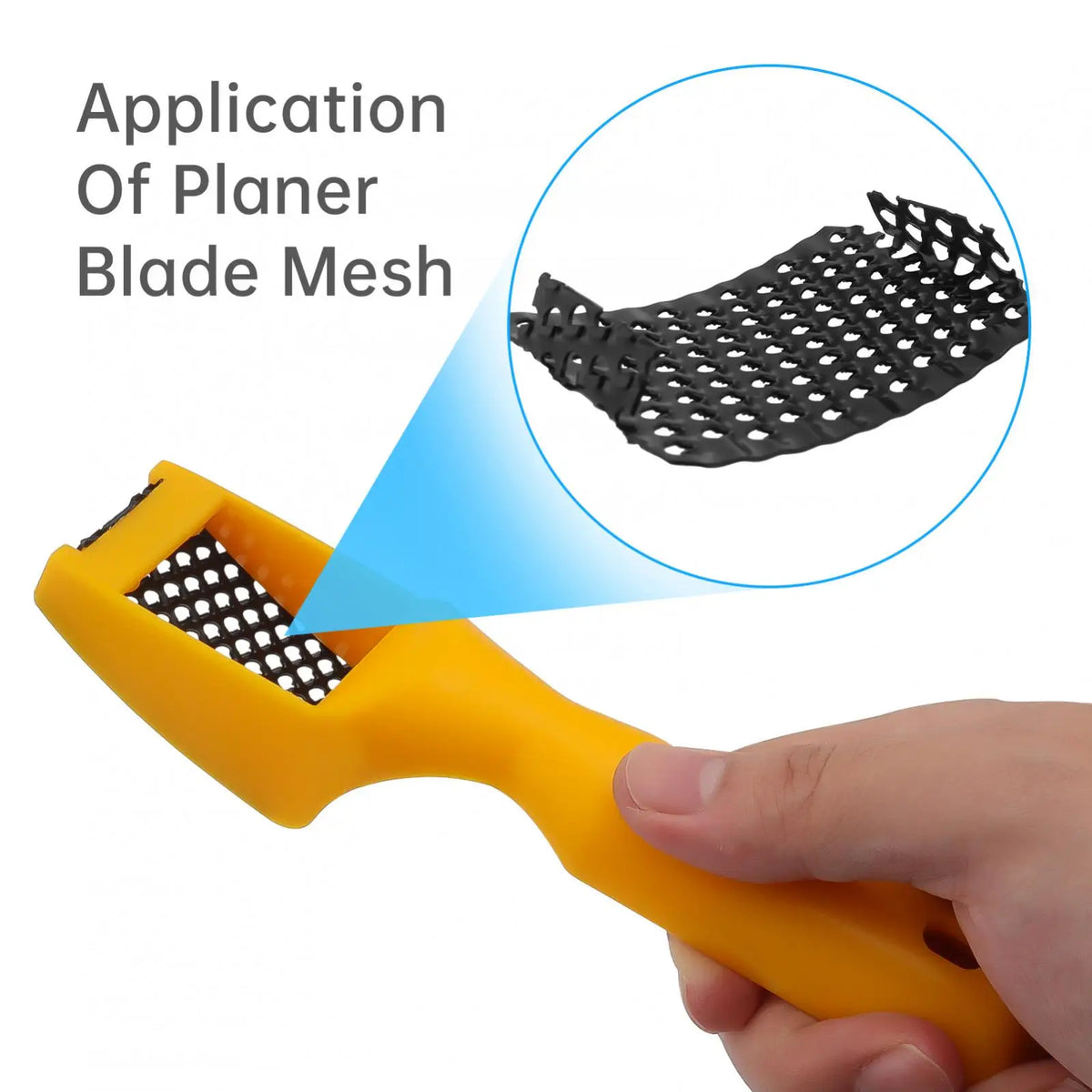 A hand holds a yellow tool with a black blade mesh, demonstrating the application of planer blade mesh.