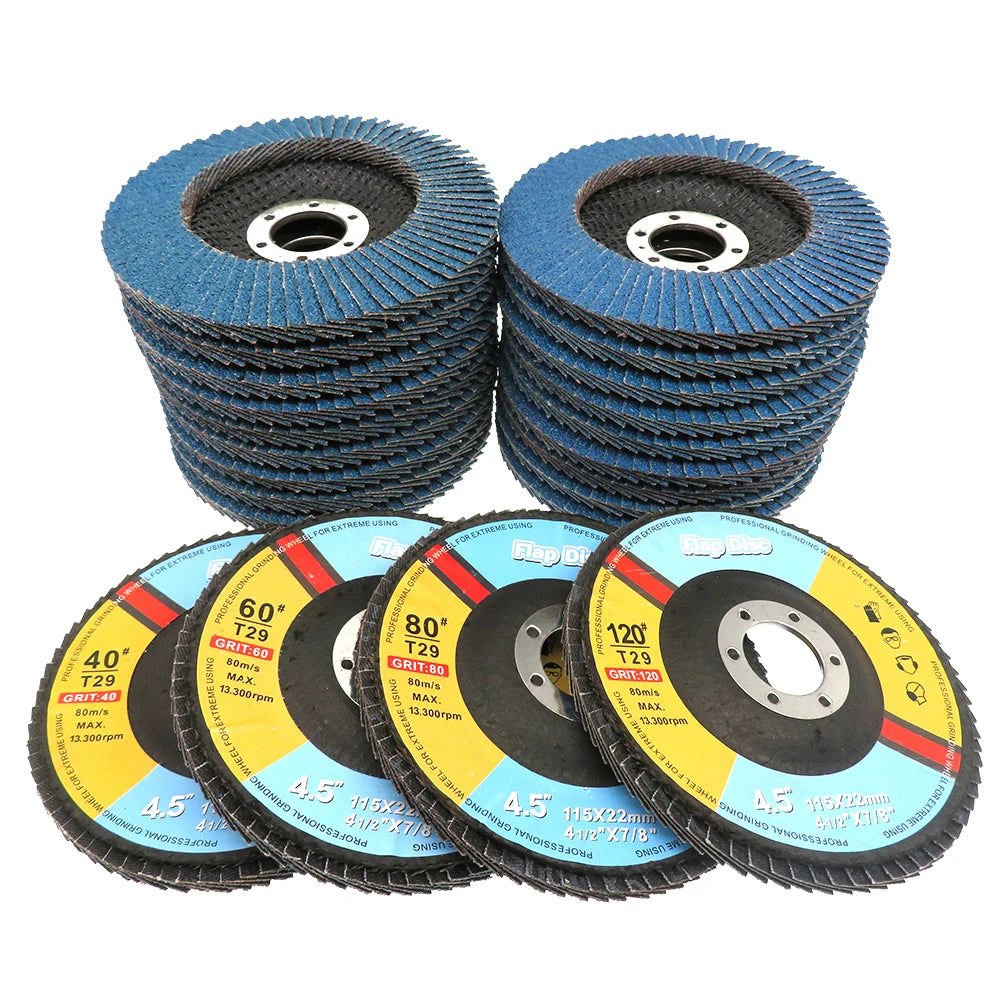 A stack of blue zirconia flap discs for an angle grinder, showing various grits and sizes.