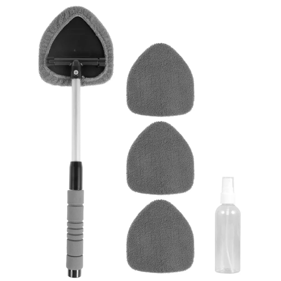 Extendable car windshield cleaner with a handle and four gray microfiber cleaning pads.