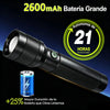 A black high-lumen flashlight is shown next to its battery, highlighting its 2600mAh capacity and 21 hours of low-mode autono