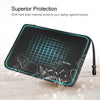 A black EVA hard shell laptop sleeve is shown protecting a laptop from bumps and drops.