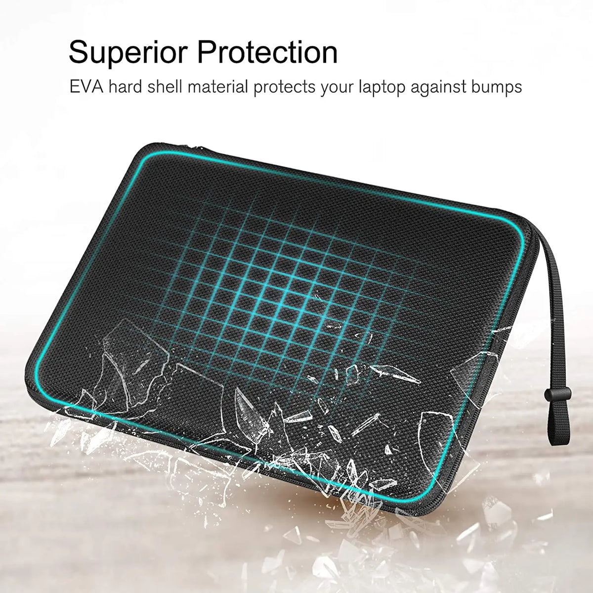 A black EVA hard shell laptop sleeve is shown protecting a laptop from bumps and drops.