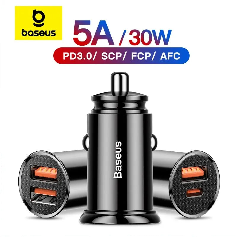 Black Baseus 5A/30W dual-port USB-C car charger with Quick Charge and PD ports