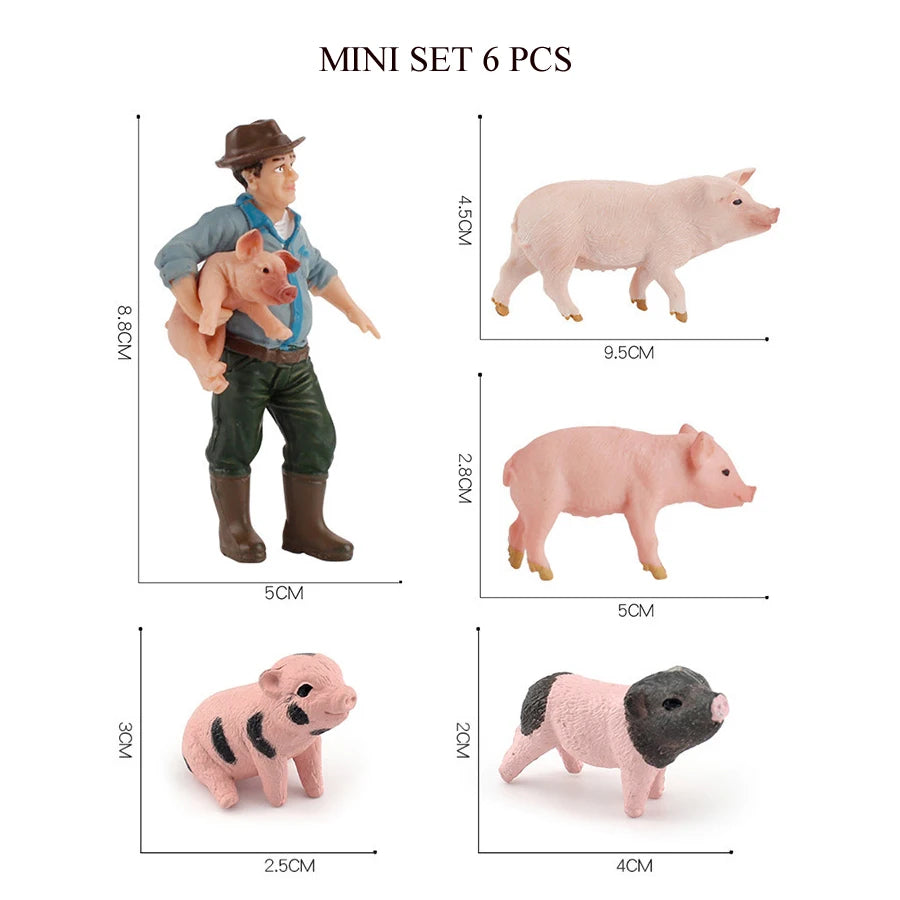 Mini set of six realistic animal figurines including a pig, a sheep, and a hedgehog.