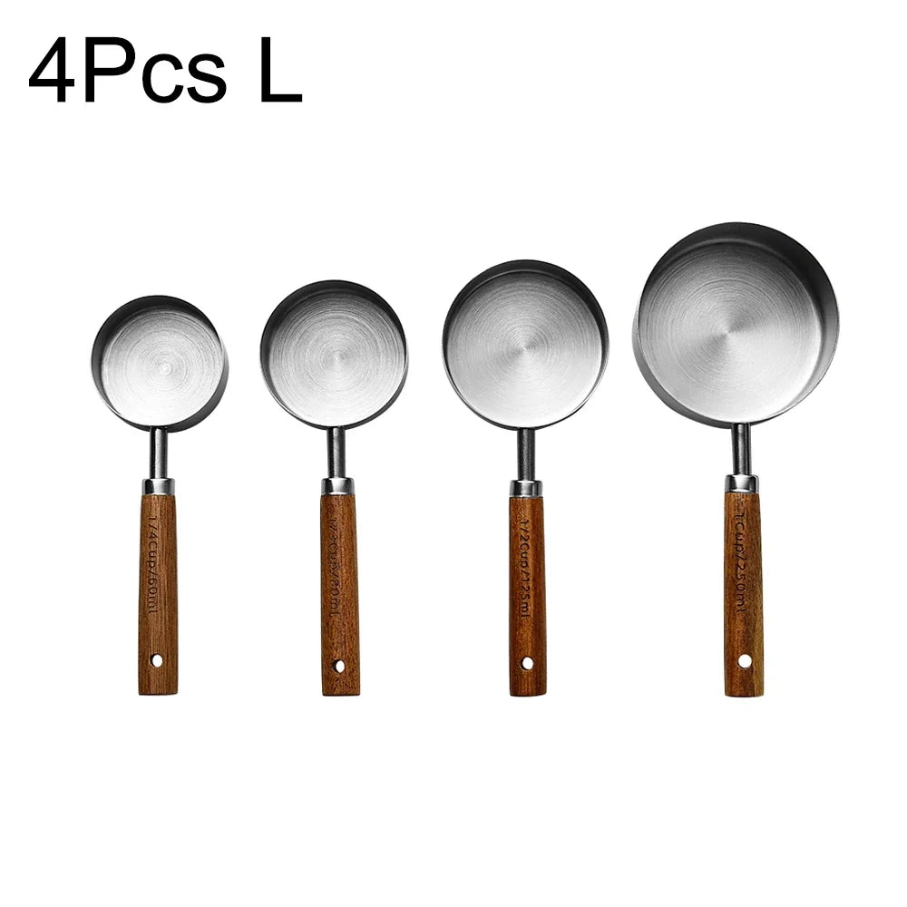 Stainless Steel Measuring Cup and Spoon Set with Wooden Handles