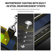 Close-up view of a waterproof coating with built-in steel reinforcement strips on a tool bag.
