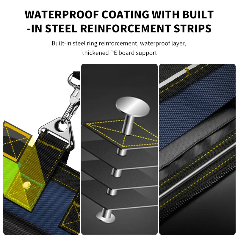 Close-up view of a waterproof coating with built-in steel reinforcement strips on a tool bag.
