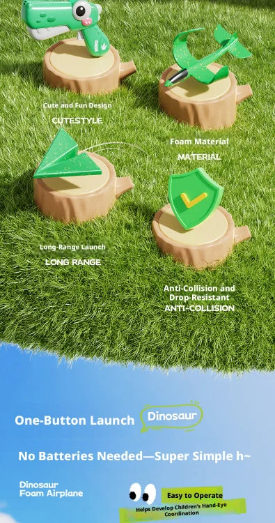 A set of dinosaur foam airplane launchers demonstrating cute design, long-range capability, and anti-collision features.