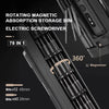 A close-up view of a black rotating magnetic absorption storage bin electric screwdriver set with various bits and a magnetic