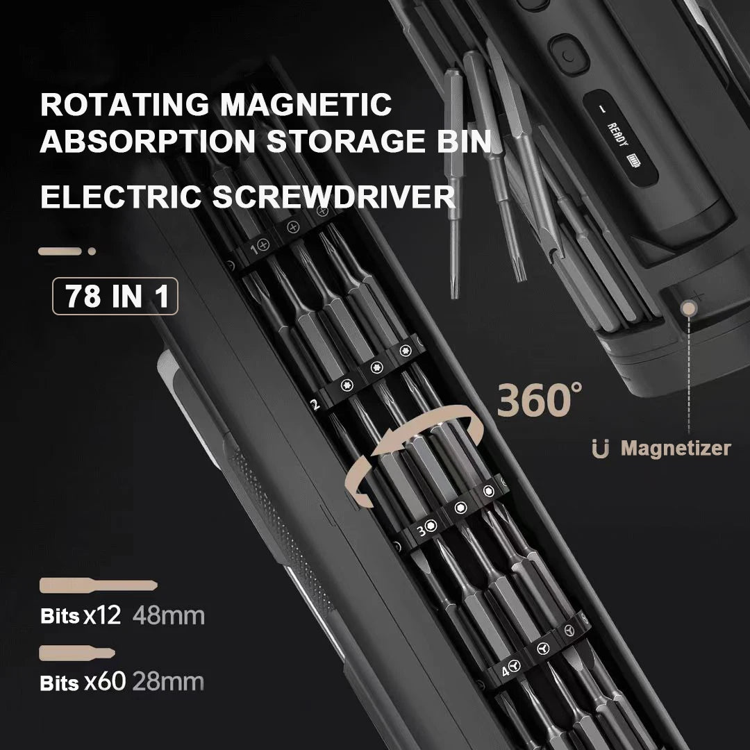 A close-up view of a black rotating magnetic absorption storage bin electric screwdriver set with various bits and a magnetic