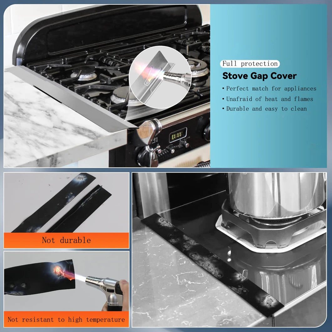 Two black stainless steel stove gap covers shown for full protection of appliances.