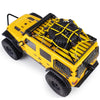 Yellow RC crawler with a black elastic roof rack luggage net installed on the roof.
