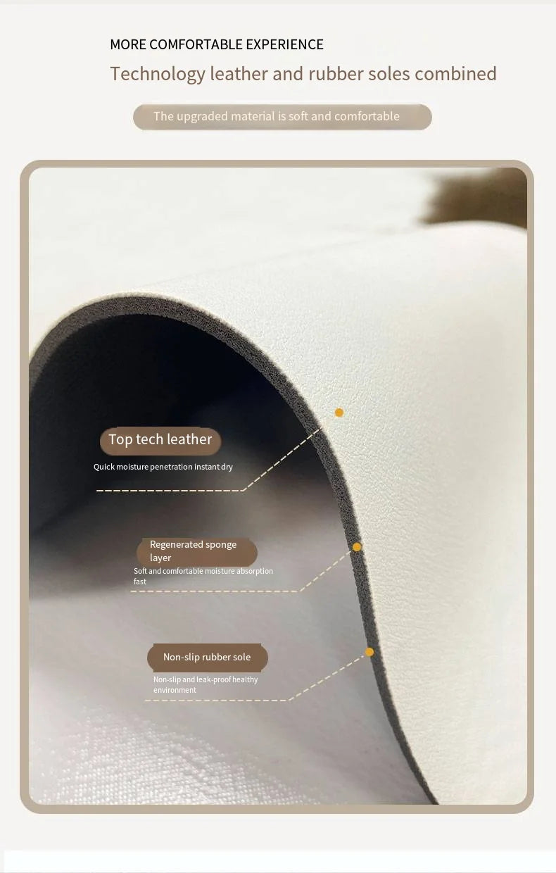 Close-up view of a mat showing layers including top tech leather, regenerated sponge layer, and non-slip rubber sole.