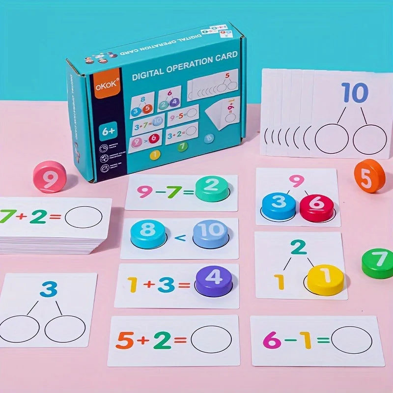 A box of digital operation cards and various arithmetic block cards for learning addition and subtraction.