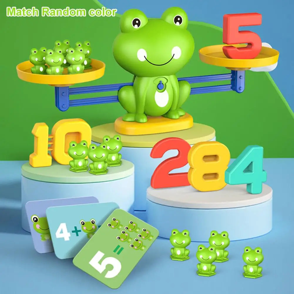 A set of colorful frog balance math learning toys featuring numbers and addition concepts.