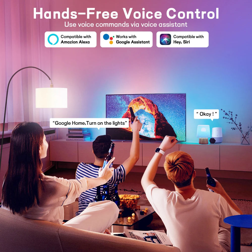 A family uses hands-free voice control to turn on lights with a smart LED bulb system.
