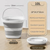 A white collapsible outdoor bucket with a carry handle is shown next to its folded state and capacity details.