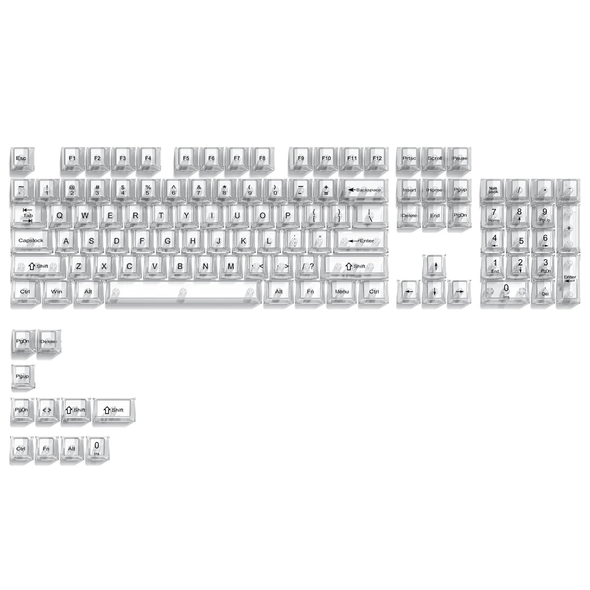 A full set of 115 keycaps with an MDA profile, crystal clear and RGB backlit.