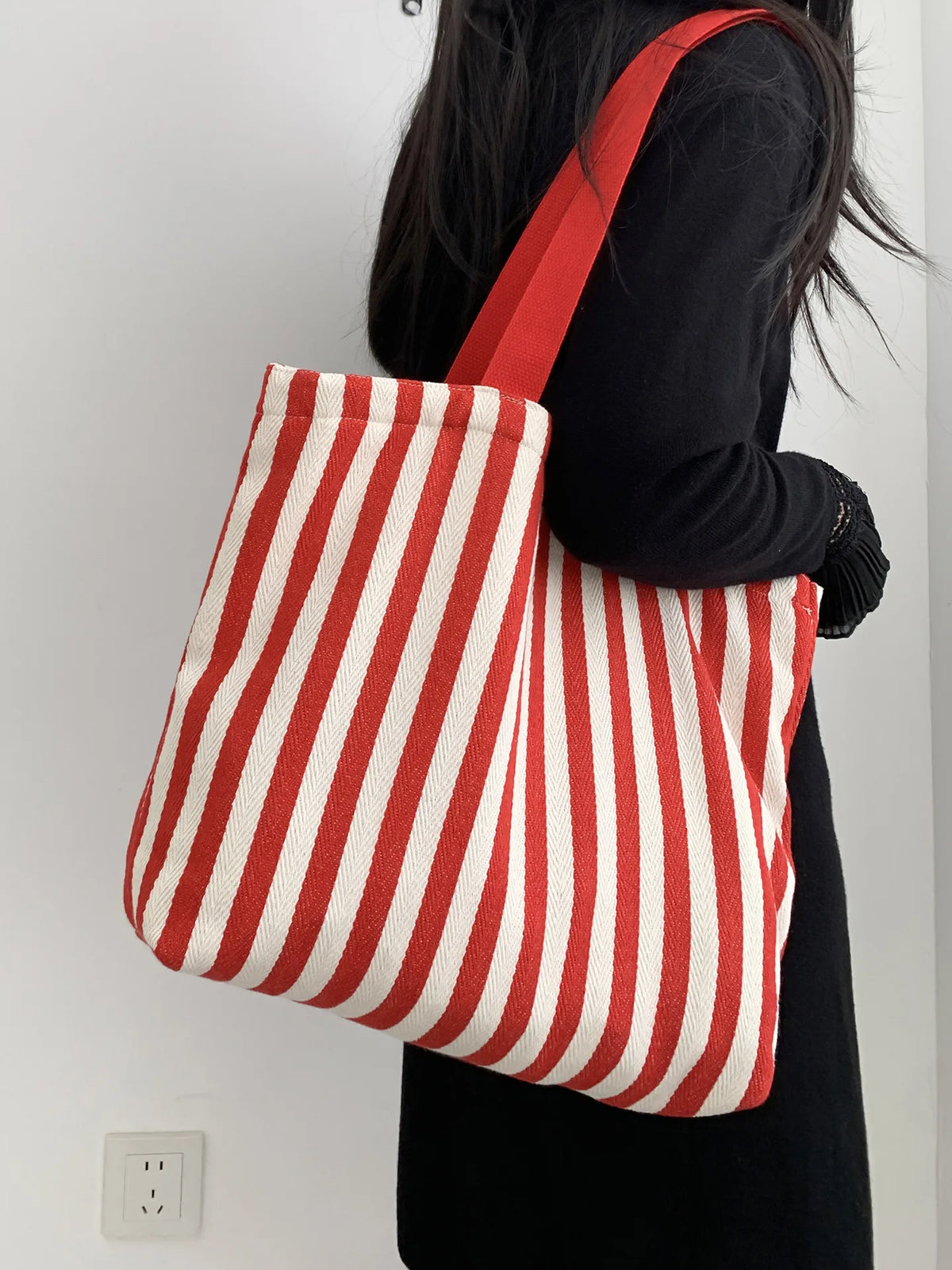 Striped Canvas Shoulder Tote Bag